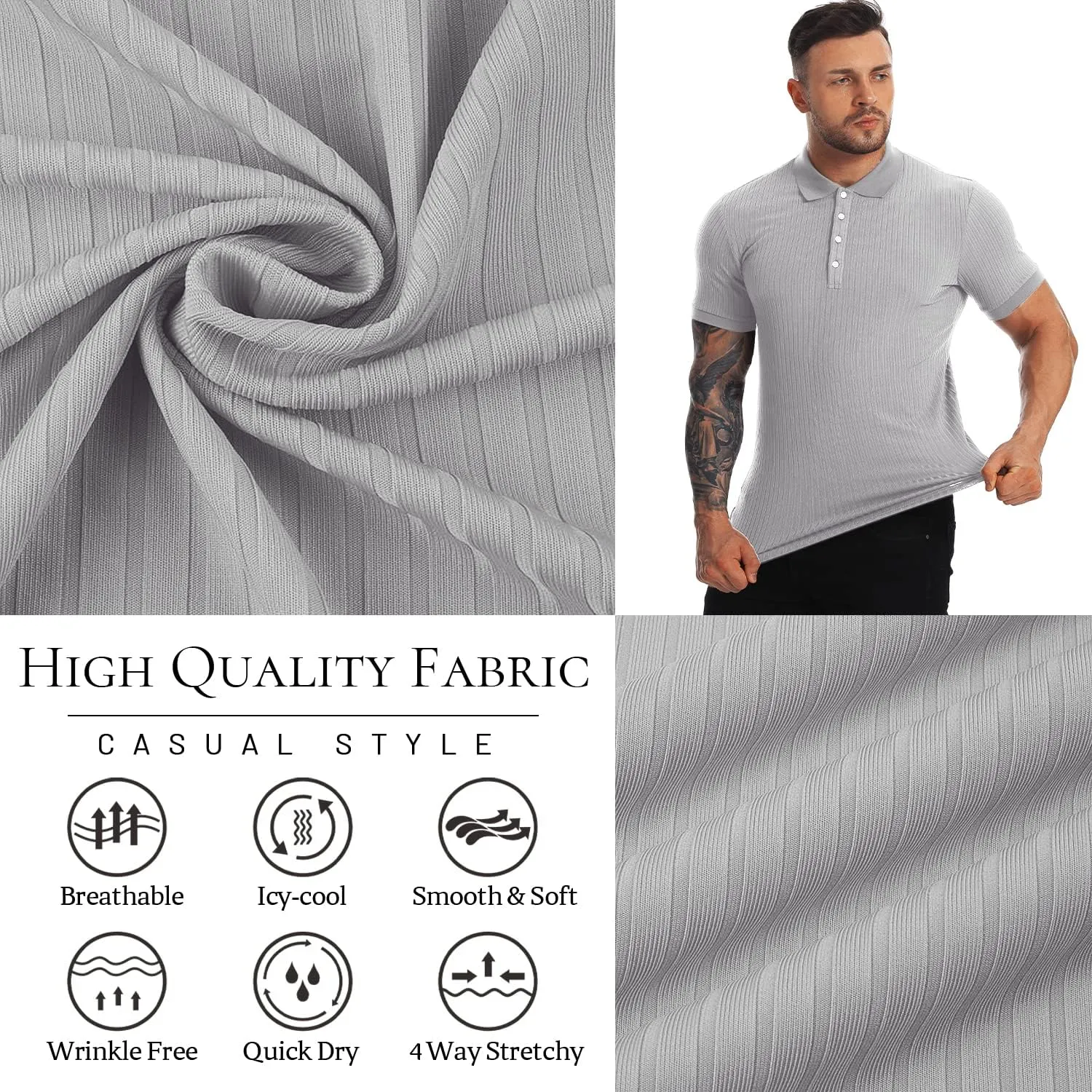 Collared Muscle Polo Shirts Men Slim Fit Textured Knit Polo Shirts Short Sleeve Button Down Shirts Casual Stylish