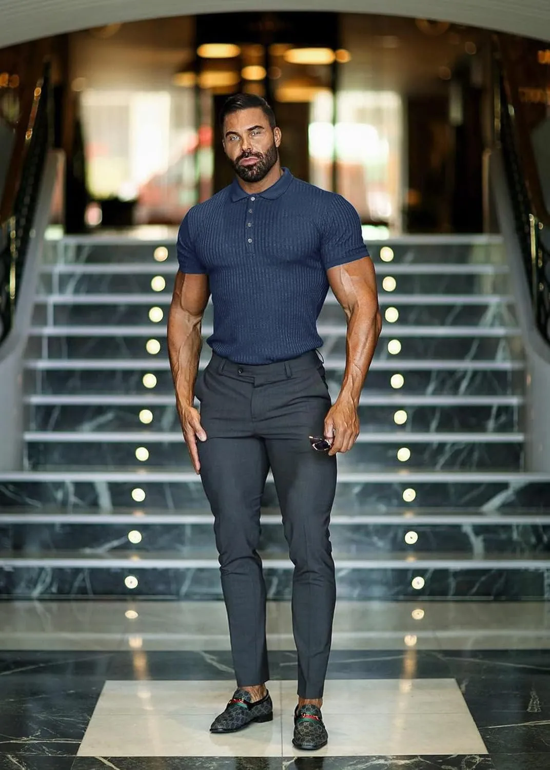 Collared Muscle Polo Shirts Men Slim Fit Textured Knit Polo Shirts Short Sleeve Button Down Shirts Casual Stylish