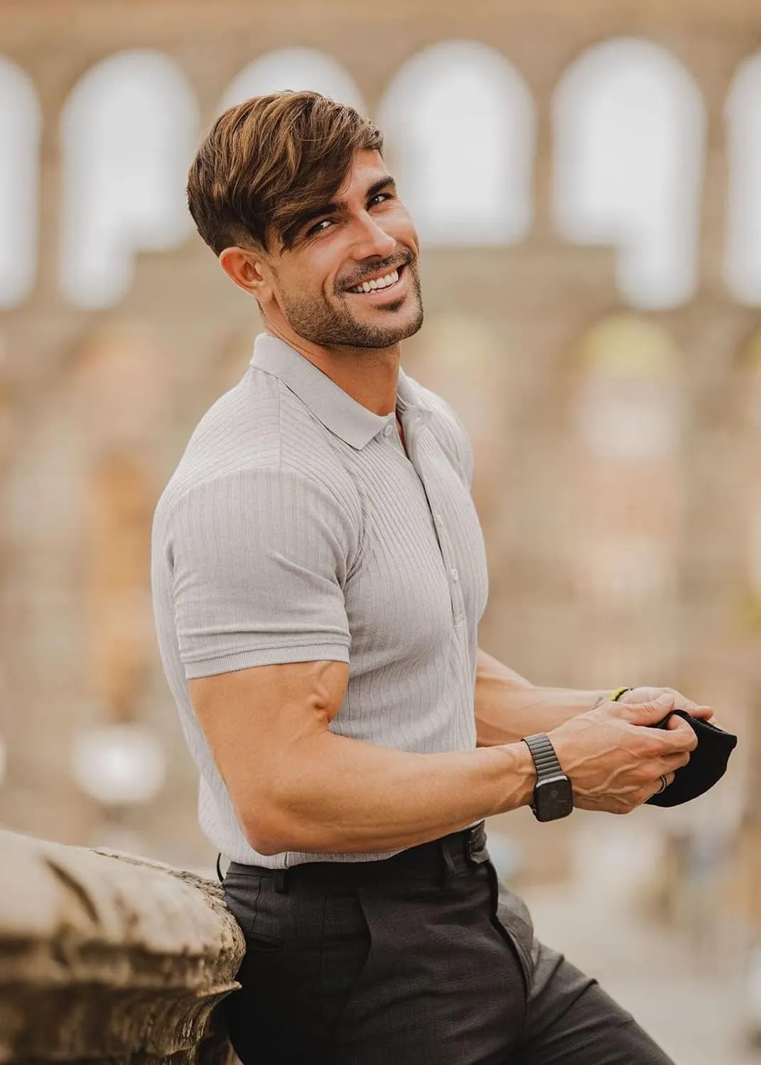 Collared Muscle Polo Shirts Men Slim Fit Textured Knit Polo Shirts Short Sleeve Button Down Shirts Casual Stylish