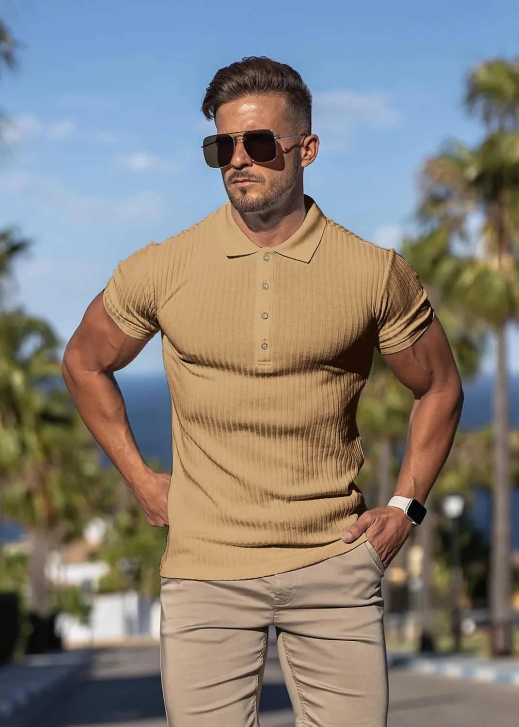 Collared Muscle Polo Shirts Men Slim Fit Textured Knit Polo Shirts Short Sleeve Button Down Shirts Casual Stylish