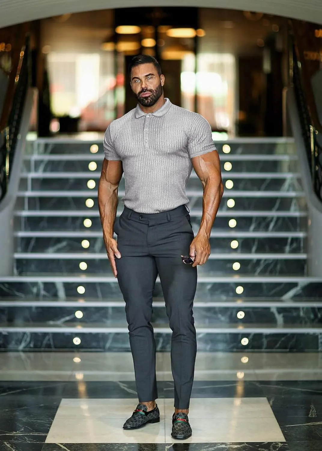 Collared Muscle Polo Shirts Men Slim Fit Textured Knit Polo Shirts Short Sleeve Button Down Shirts Casual Stylish
