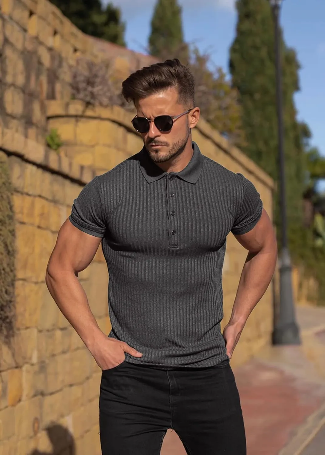 Collared Muscle Polo Shirts Men Slim Fit Textured Knit Polo Shirts Short Sleeve Button Down Shirts Casual Stylish