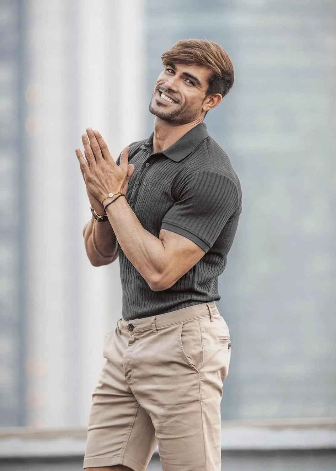 Collared Muscle Polo Shirts Men Slim Fit Textured Knit Polo Shirts Short Sleeve Button Down Shirts Casual Stylish