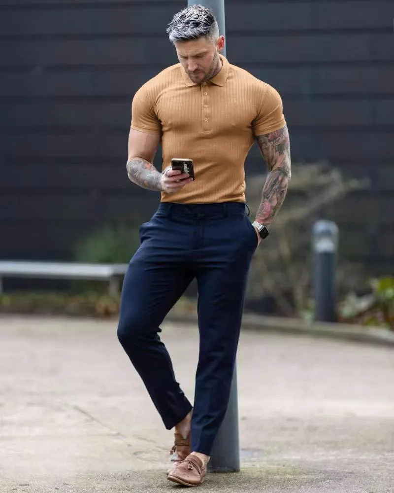 Collared Muscle Polo Shirts Men Slim Fit Textured Knit Polo Shirts Short Sleeve Button Down Shirts Casual Stylish