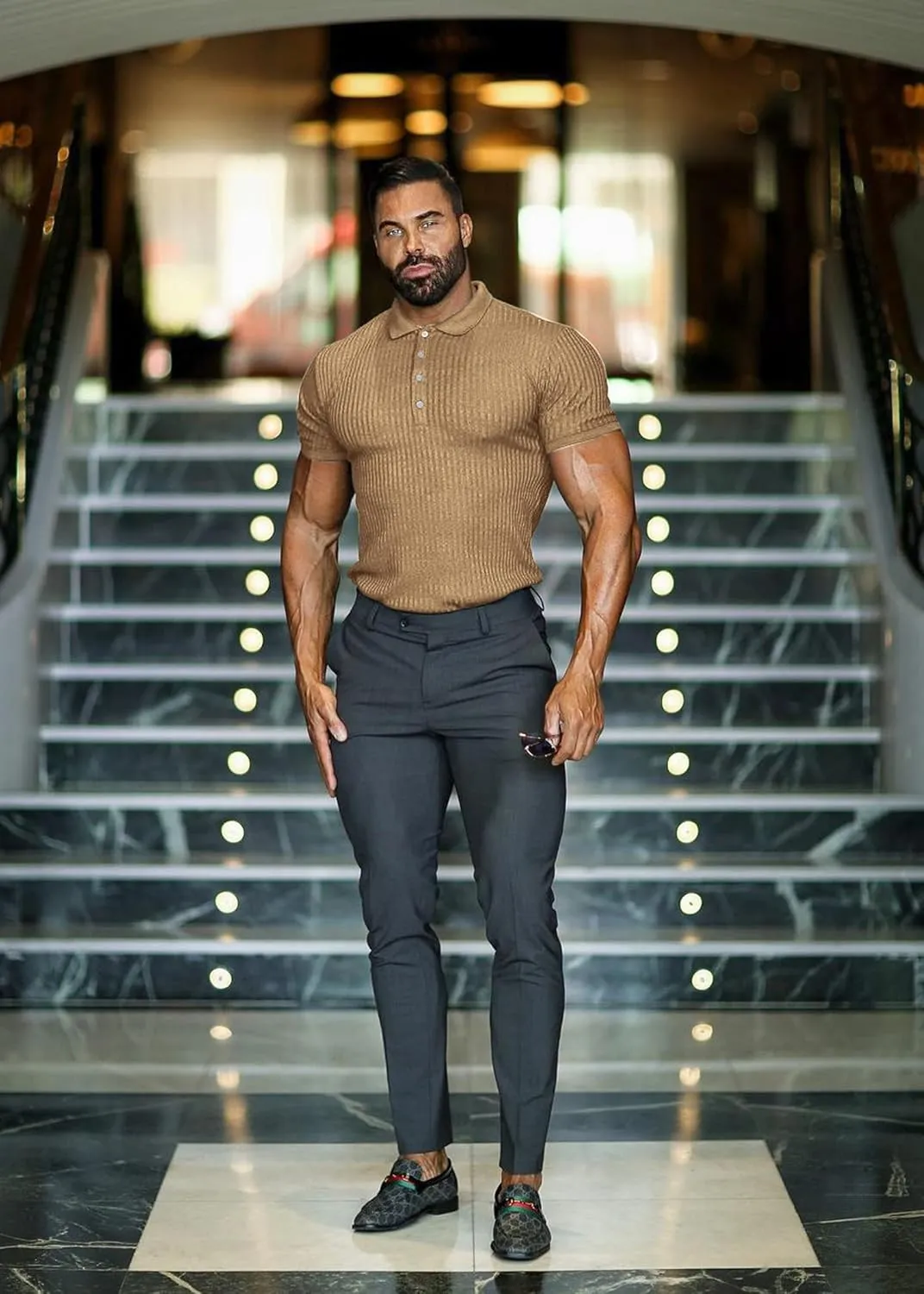 Collared Muscle Polo Shirts Men Slim Fit Textured Knit Polo Shirts Short Sleeve Button Down Shirts Casual Stylish