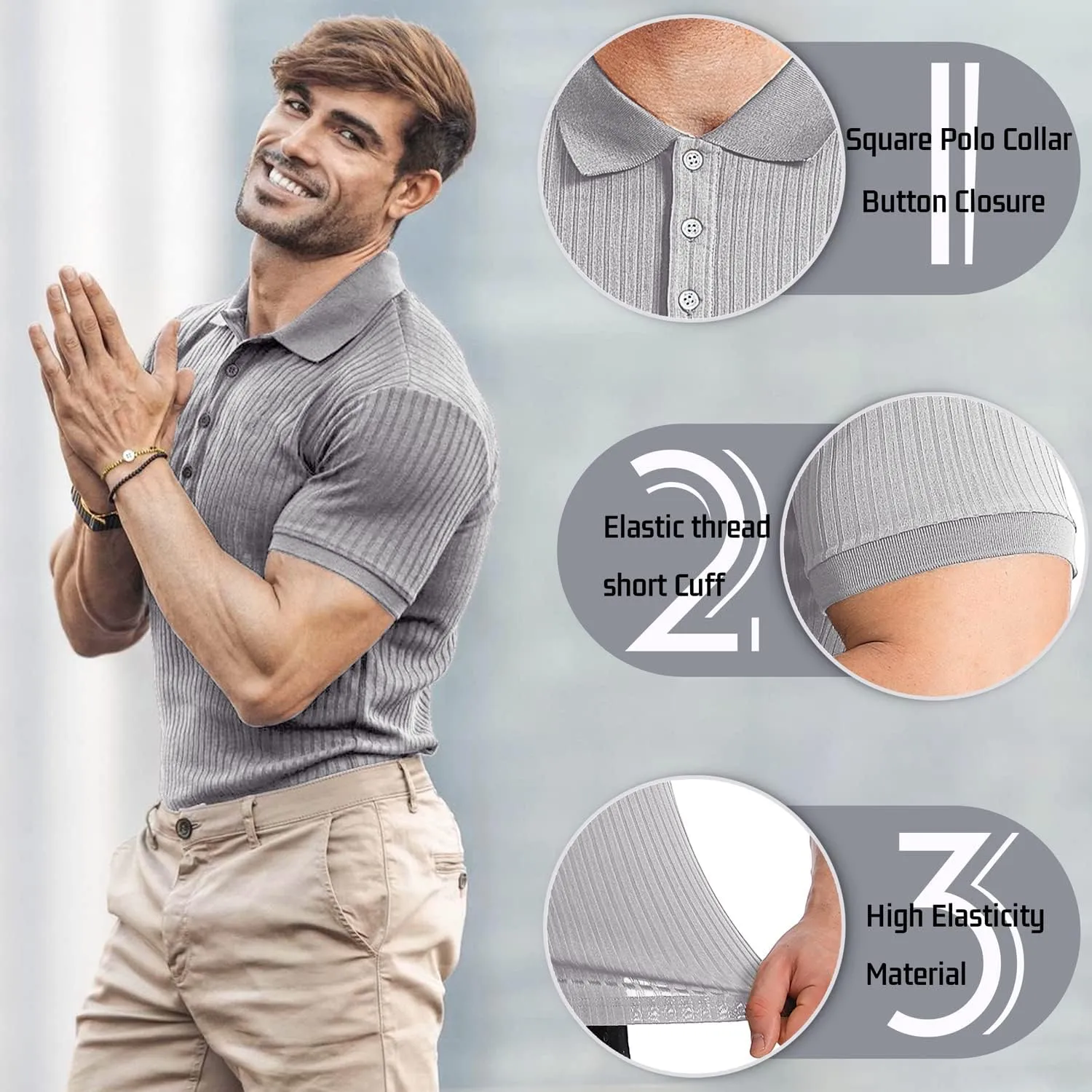 Collared Muscle Polo Shirts Men Slim Fit Textured Knit Polo Shirts Short Sleeve Button Down Shirts Casual Stylish