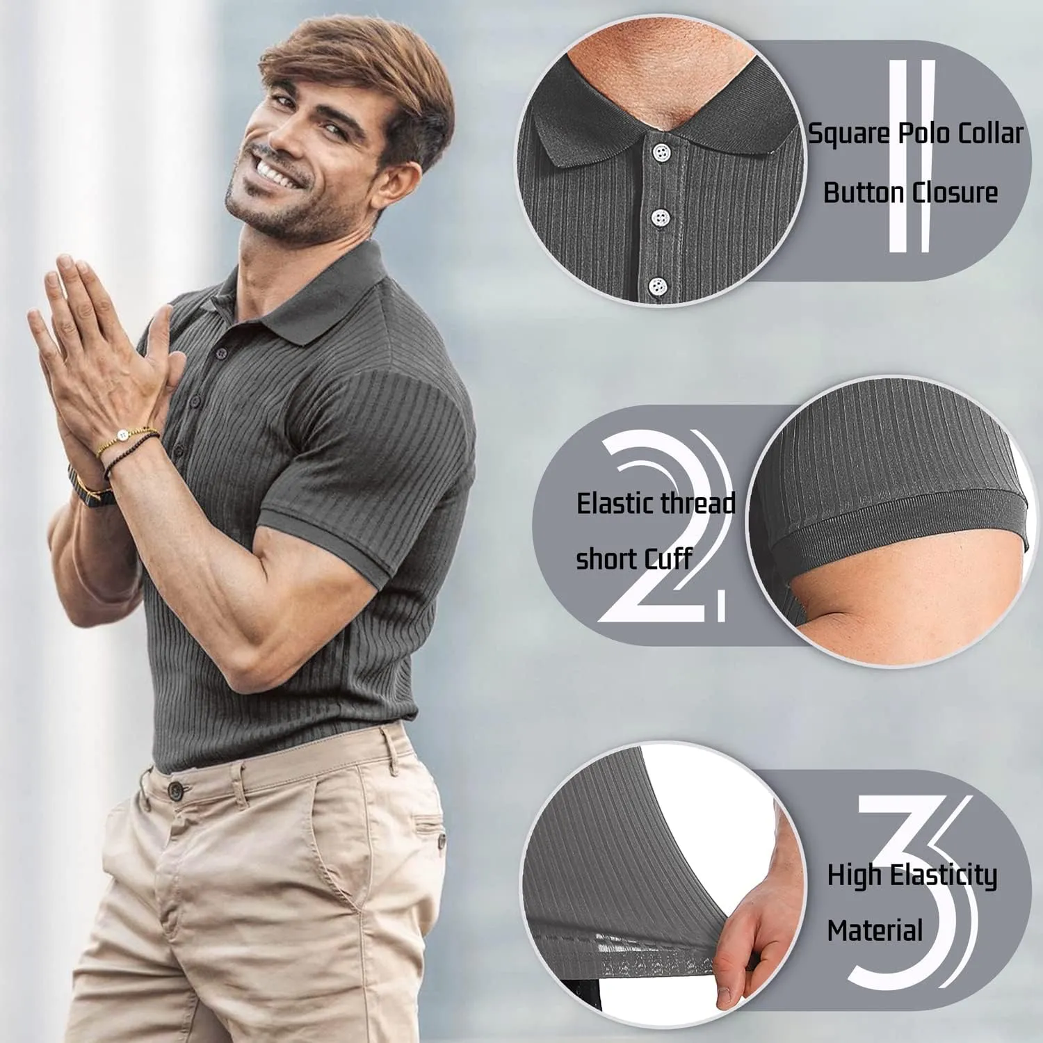 Collared Muscle Polo Shirts Men Slim Fit Textured Knit Polo Shirts Short Sleeve Button Down Shirts Casual Stylish