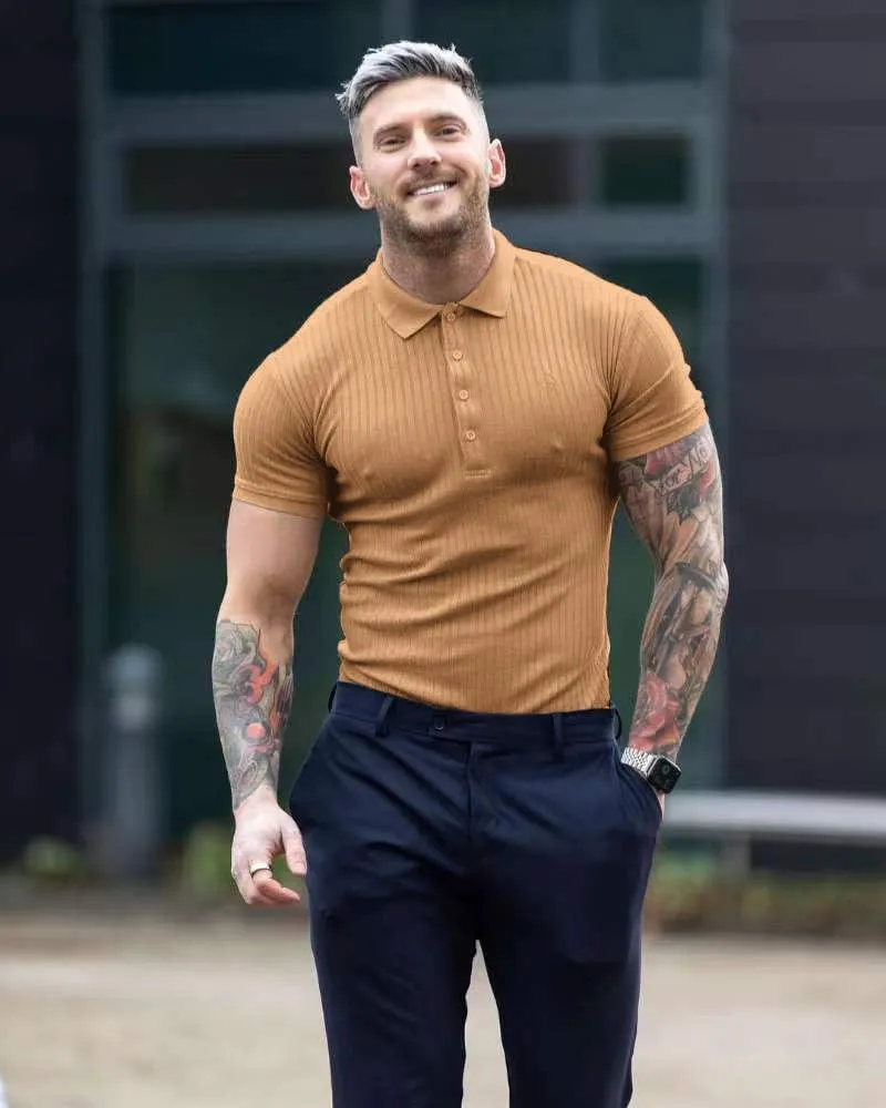 Collared Muscle Polo Shirts Men Slim Fit Textured Knit Polo Shirts Short Sleeve Button Down Shirts Casual Stylish