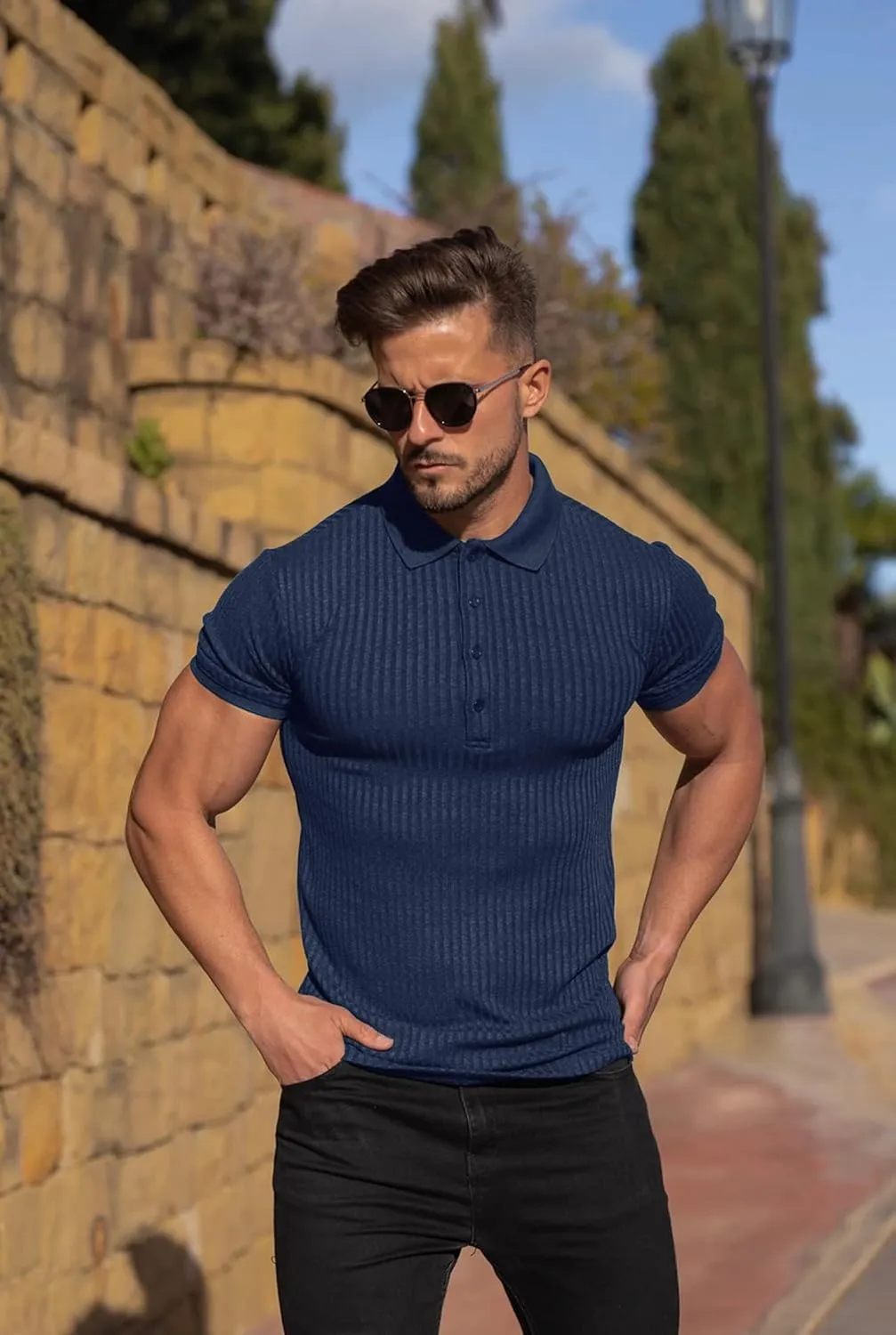 Collared Muscle Polo Shirts Men Slim Fit Textured Knit Polo Shirts Short Sleeve Button Down Shirts Casual Stylish