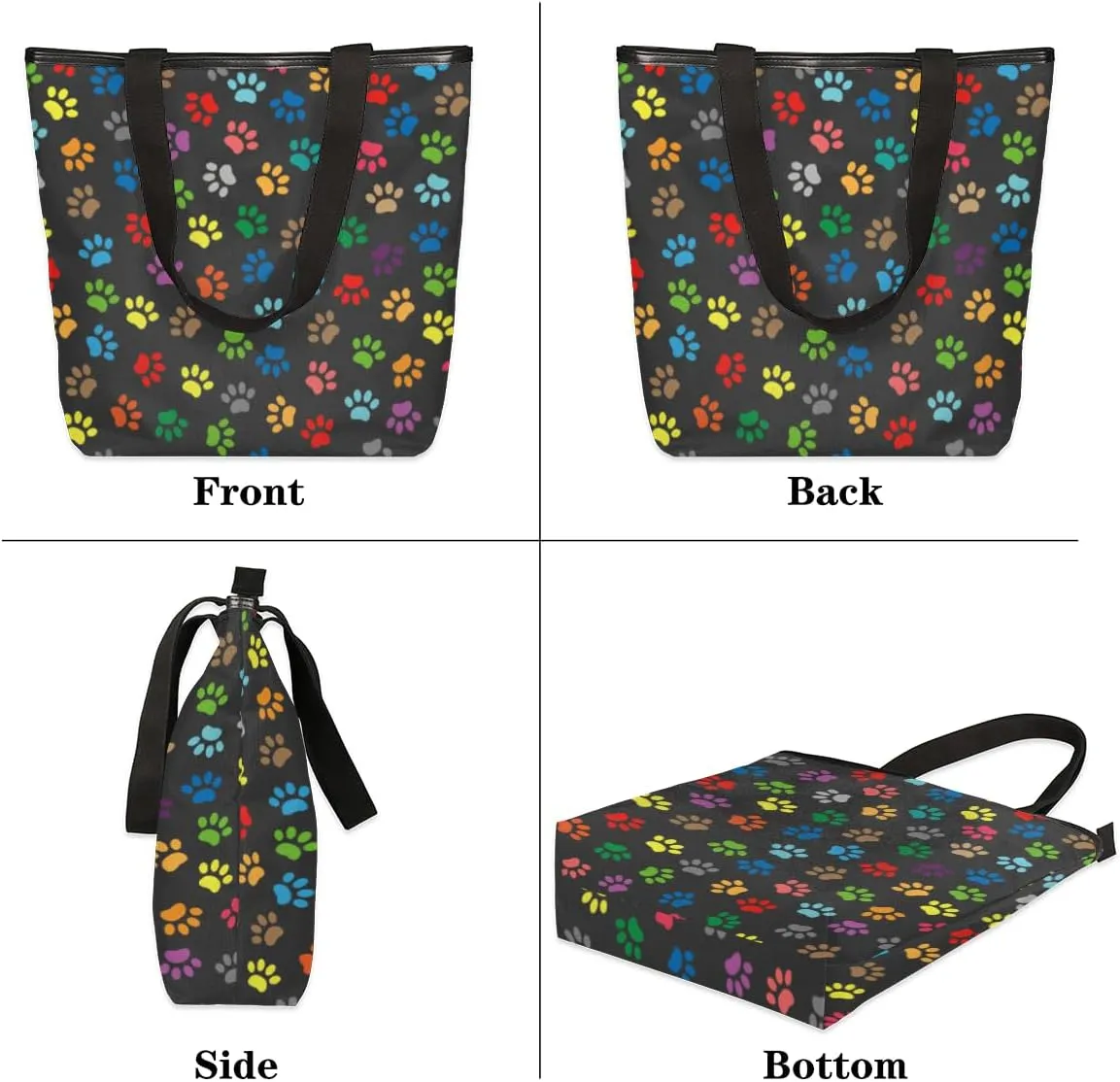 Colorful Animal Paw Prints Canvas Tote Bag, Eco Friendly Cute Reusable Grocery Shopping Bag With Zipper Inner Pocket for Women & Girls