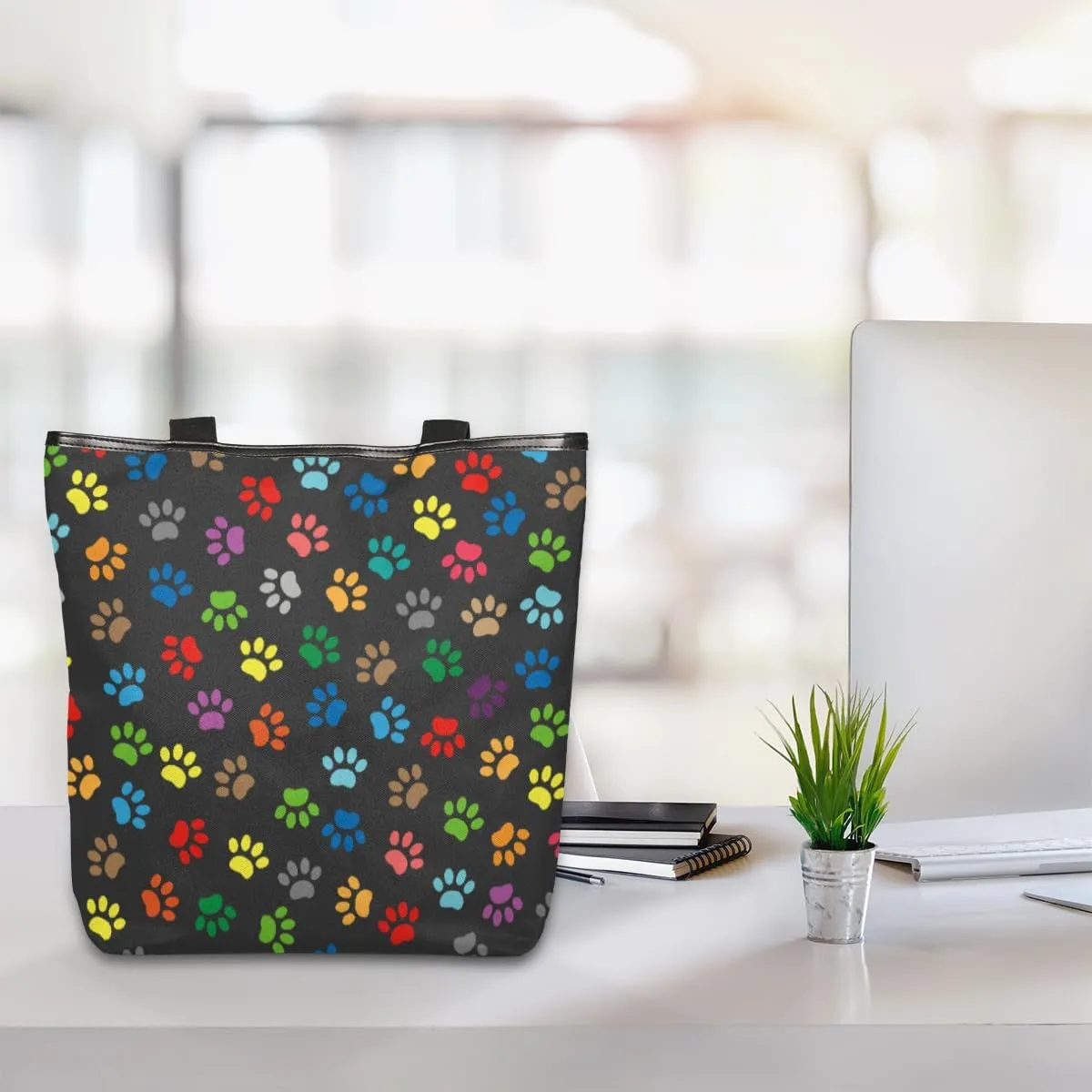 Colorful Animal Paw Prints Canvas Tote Bag, Eco Friendly Cute Reusable Grocery Shopping Bag With Zipper Inner Pocket for Women & Girls