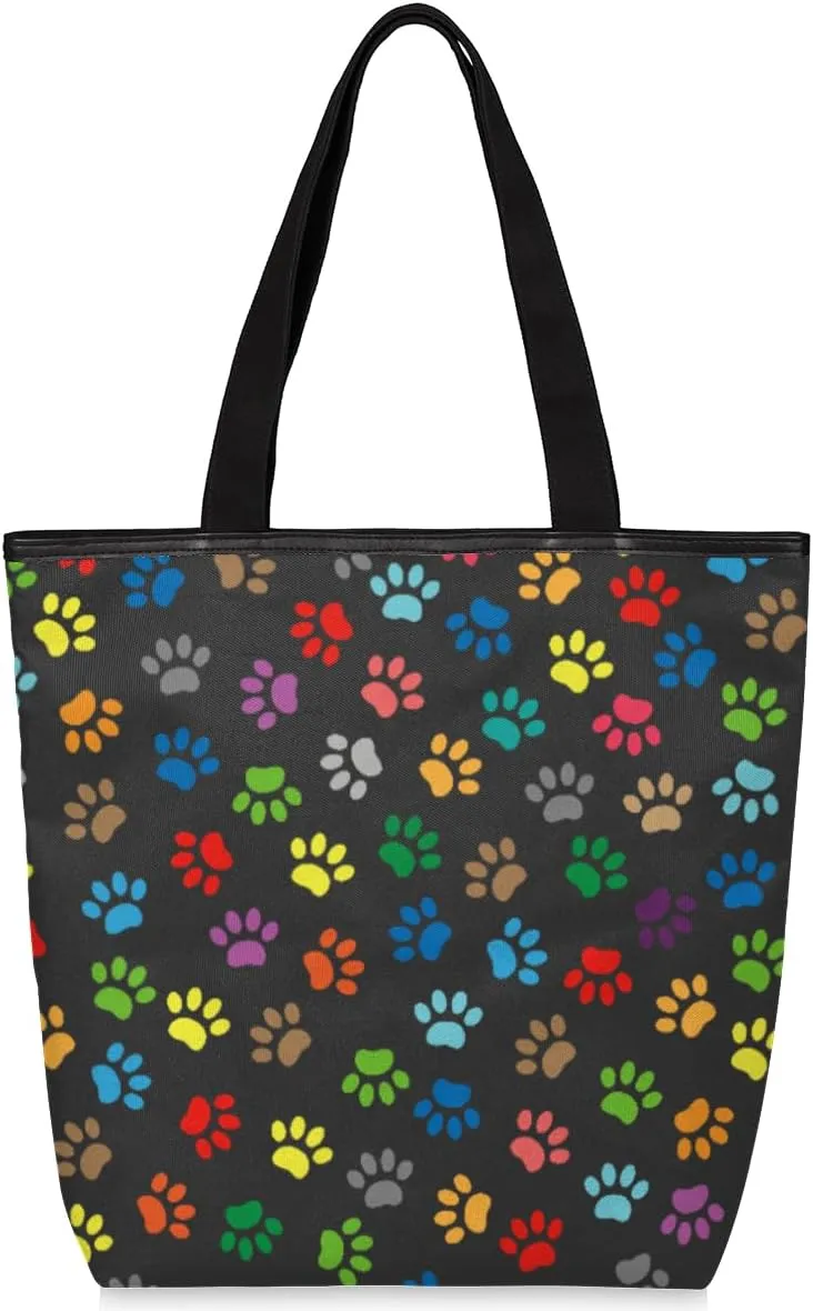 Colorful Animal Paw Prints Canvas Tote Bag, Eco Friendly Cute Reusable Grocery Shopping Bag With Zipper Inner Pocket for Women & Girls