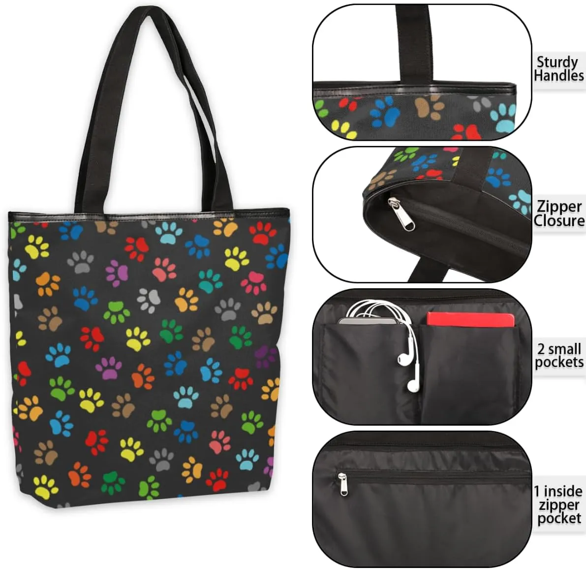 Colorful Animal Paw Prints Canvas Tote Bag, Eco Friendly Cute Reusable Grocery Shopping Bag With Zipper Inner Pocket for Women & Girls