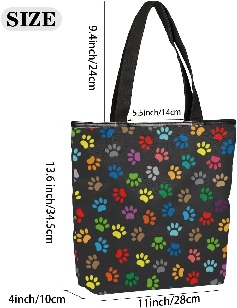 Colorful Animal Paw Prints Canvas Tote Bag, Eco Friendly Cute Reusable Grocery Shopping Bag With Zipper Inner Pocket for Women & Girls