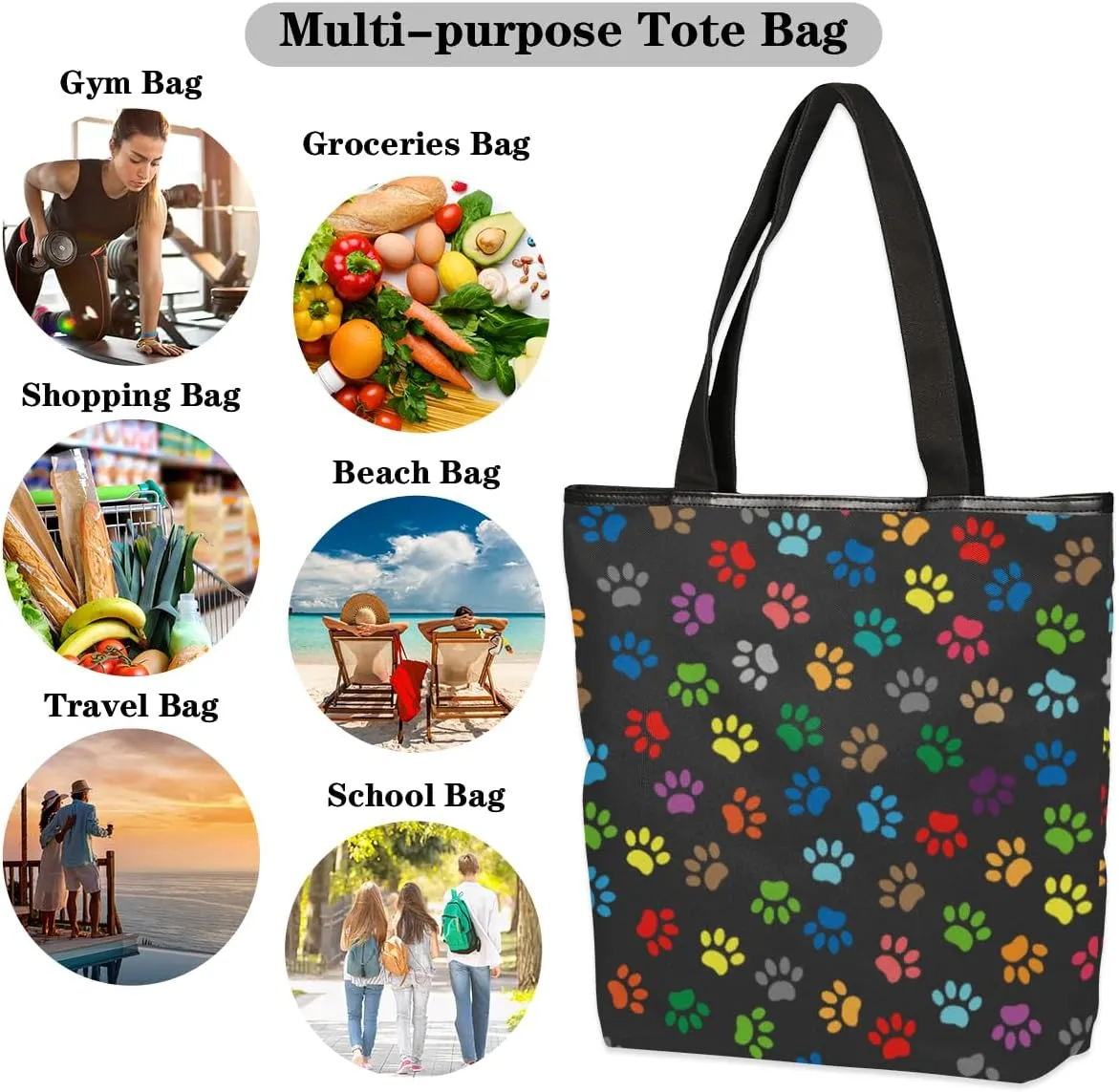 Colorful Animal Paw Prints Canvas Tote Bag, Eco Friendly Cute Reusable Grocery Shopping Bag With Zipper Inner Pocket for Women & Girls