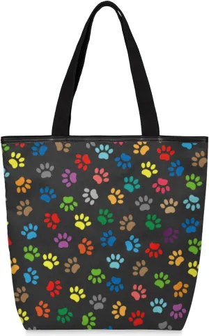 Colorful Animal Paw Prints Canvas Tote Bag, Eco Friendly Cute Reusable Grocery Shopping Bag With Zipper Inner Pocket for Women & Girls