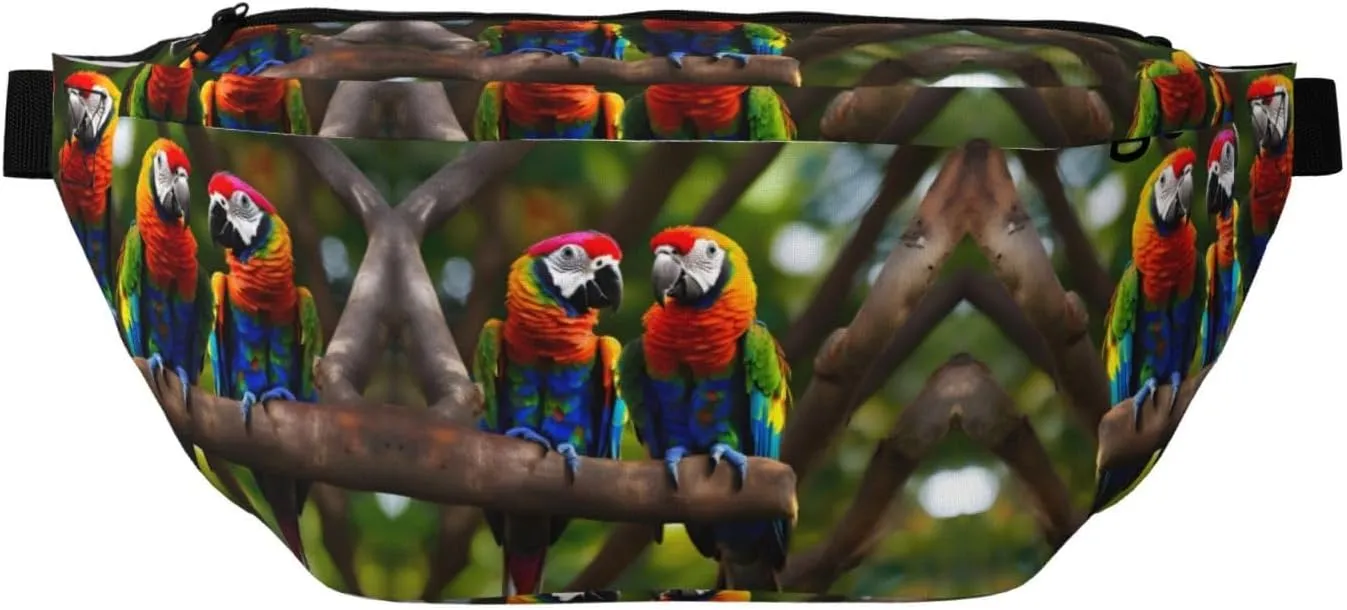 Colorful Parrots On Tree Fanny Pack Crossbody Sling Bag â€“ Zipper Pockets for Travel, Hiking, Cycling, Workouts, and Everyday Use