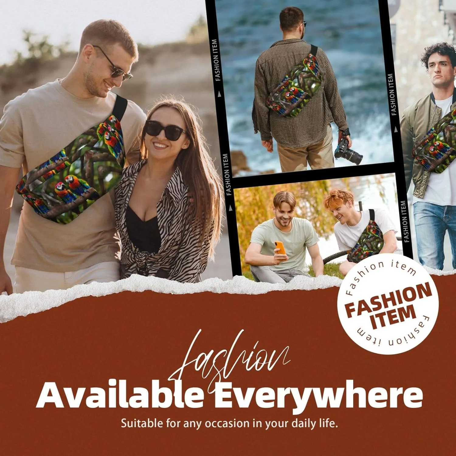 Colorful Parrots On Tree Fanny Pack Crossbody Sling Bag â€“ Zipper Pockets for Travel, Hiking, Cycling, Workouts, and Everyday Use