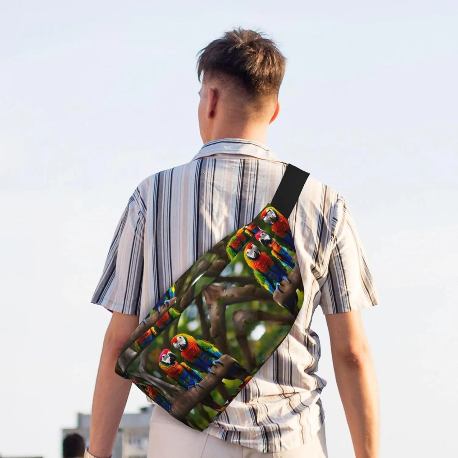 Colorful Parrots On Tree Fanny Pack Crossbody Sling Bag â€“ Zipper Pockets for Travel, Hiking, Cycling, Workouts, and Everyday Use