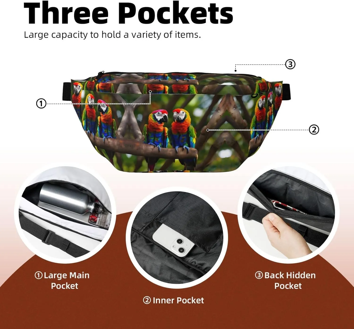 Colorful Parrots On Tree Fanny Pack Crossbody Sling Bag â€“ Zipper Pockets for Travel, Hiking, Cycling, Workouts, and Everyday Use