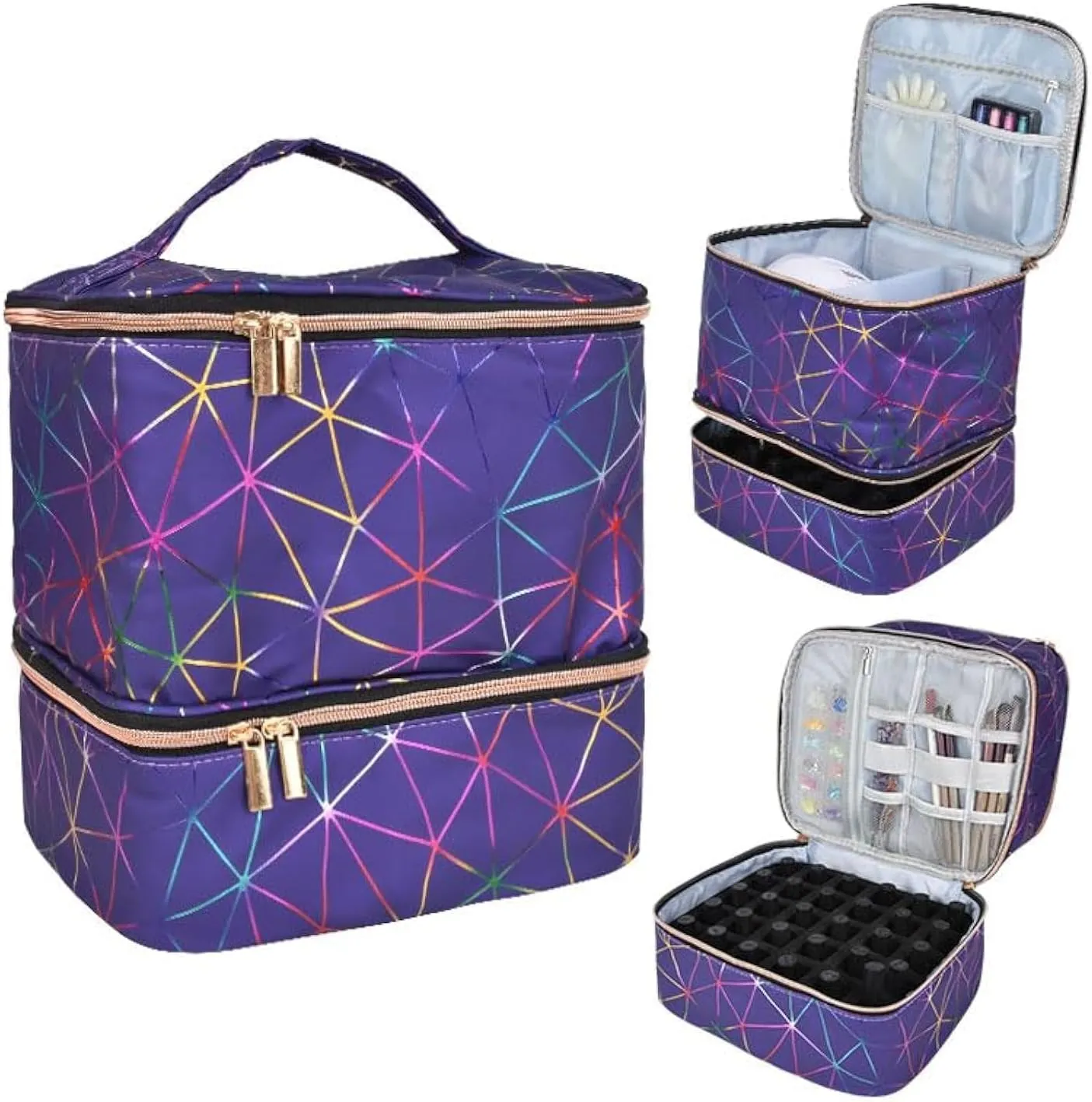 Colorful PU Nail Polish Organizer Storage Bag Professional Nail Accessories Kit Holds 30 Bottle (15ml/ 0.5 fl.oz) and a Nail Lamp Case Double Layer Nail Polish Carrying Case (purple)