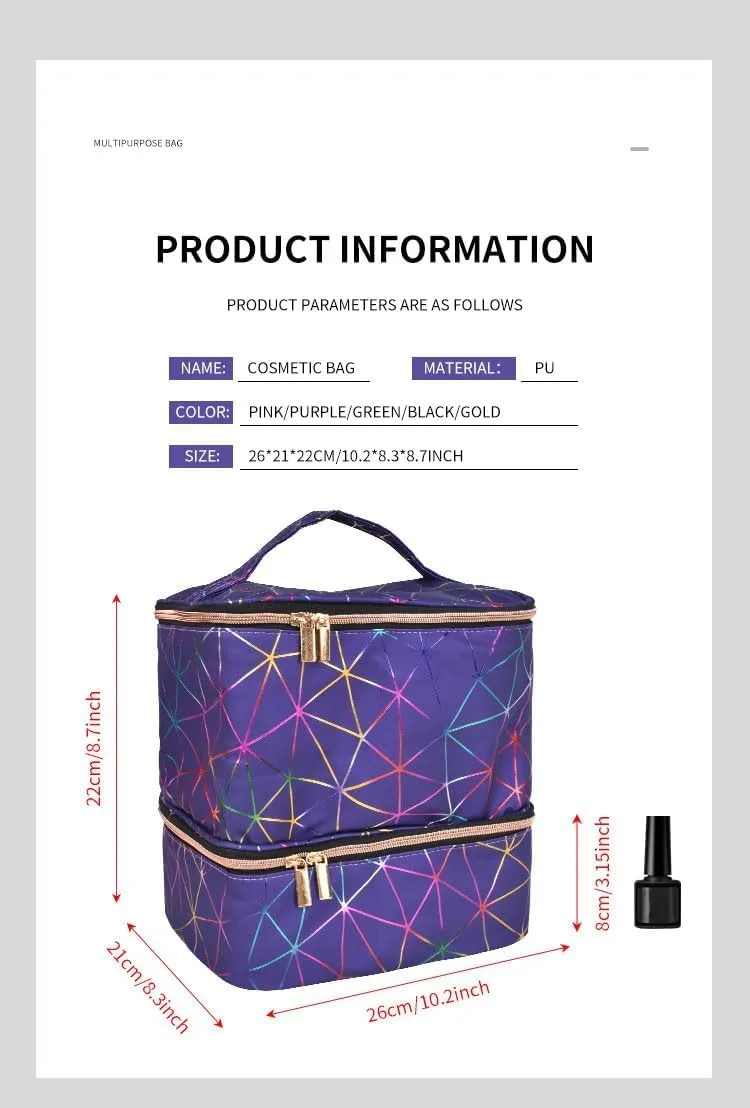 Colorful PU Nail Polish Organizer Storage Bag Professional Nail Accessories Kit Holds 30 Bottle (15ml/ 0.5 fl.oz) and a Nail Lamp Case Double Layer Nail Polish Carrying Case (purple)