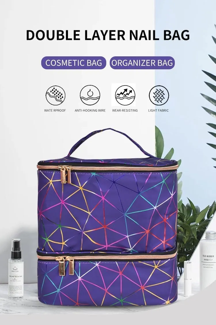 Colorful PU Nail Polish Organizer Storage Bag Professional Nail Accessories Kit Holds 30 Bottle (15ml/ 0.5 fl.oz) and a Nail Lamp Case Double Layer Nail Polish Carrying Case (purple)
