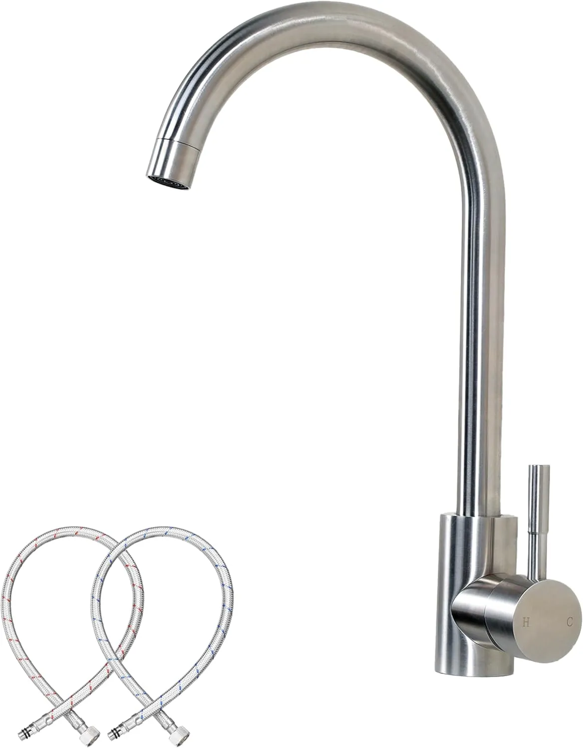 Comllen Kitchen Sink Faucet, Tall Bar Faucets Single Hole, High Arc Stainless Steel, 360° Swivel Spout, Single Handle, Brushed Nickel Kitchen Faucets for RV Prep Kitchen, Hot &Cold Water Hose