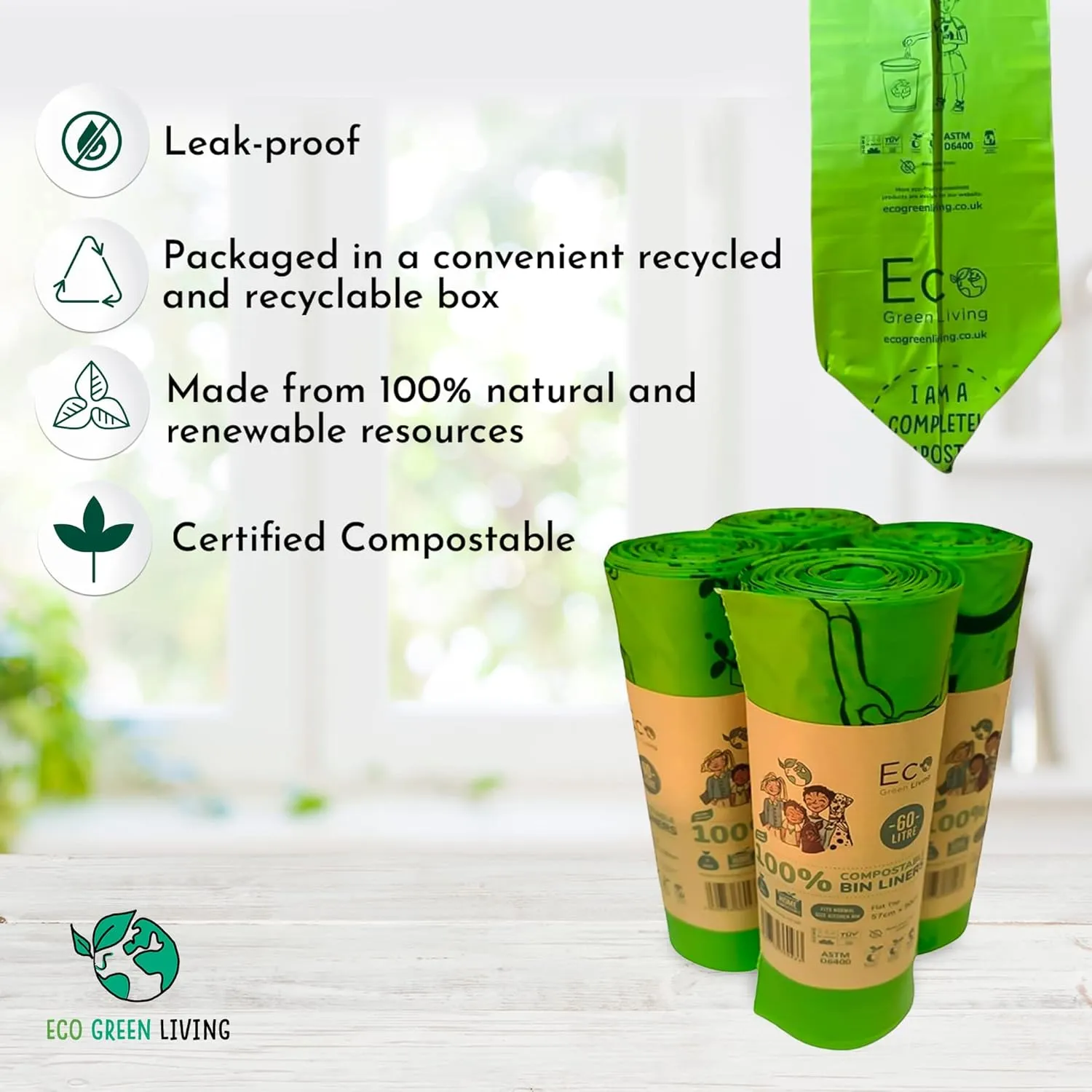 Compostable Bags - 15.9 Gallon (60L) Trash Bags Without the Waste, Certified Compostable & Eco Friendly Bags, No Plastic Bags for Large Kitchen Trash, 4 Rolls of 10 Bags by Eco Green Living
