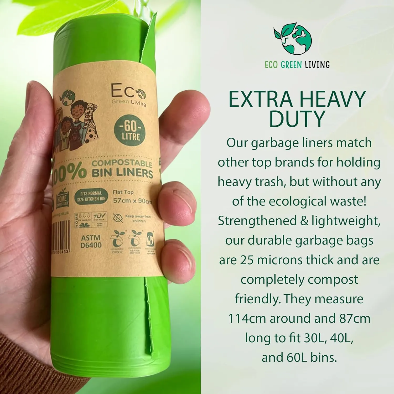 Compostable Bags - 15.9 Gallon (60L) Trash Bags Without the Waste, Certified Compostable & Eco Friendly Bags, No Plastic Bags for Large Kitchen Trash, 4 Rolls of 10 Bags by Eco Green Living