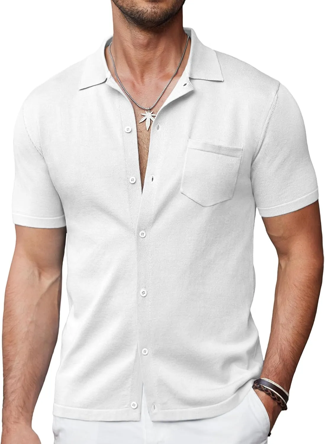 COOFANDY Mens Short Sleeve Knit Shirts Button Down Vintage Polo Casual Beach Shirts