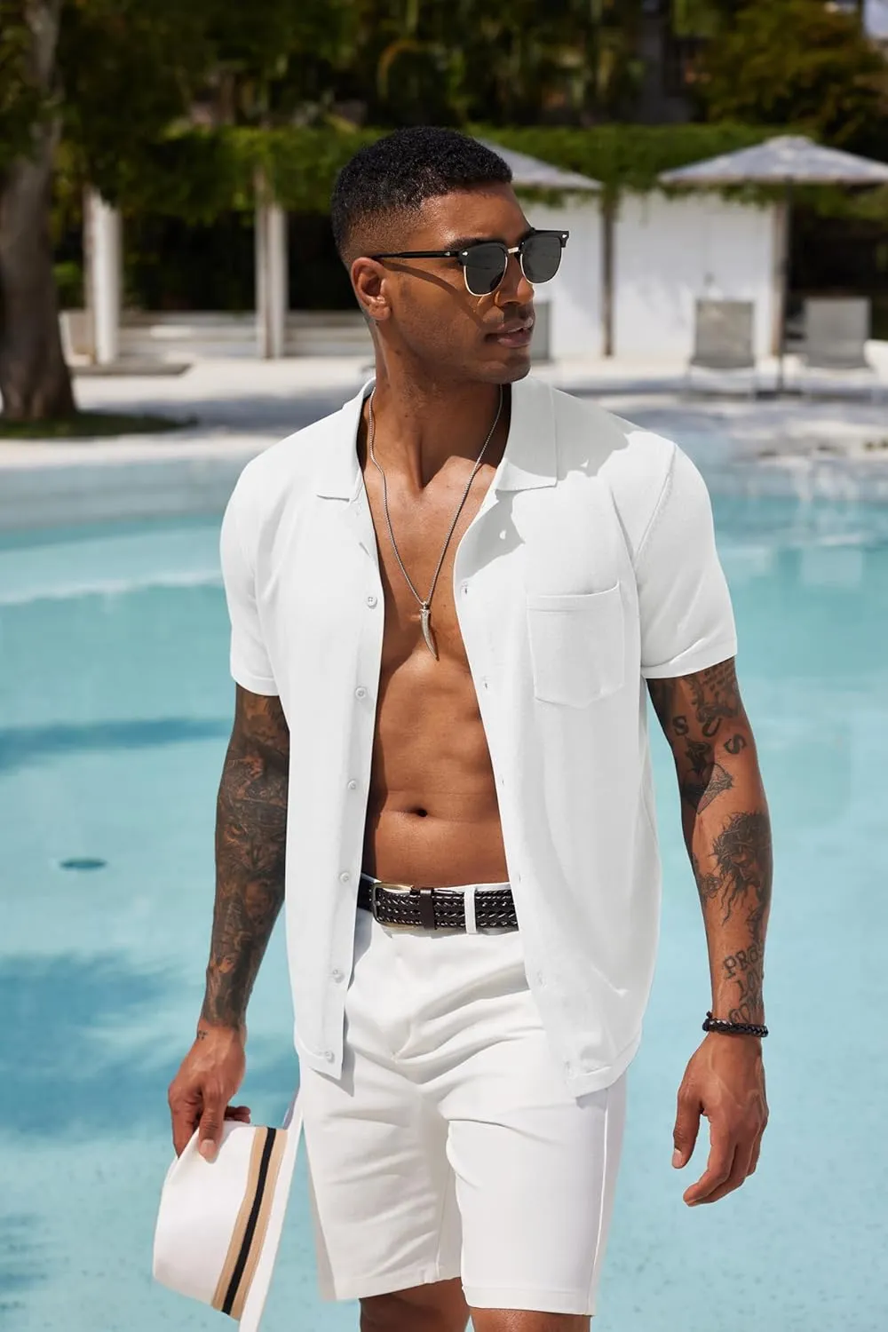 COOFANDY Mens Short Sleeve Knit Shirts Button Down Vintage Polo Casual Beach Shirts