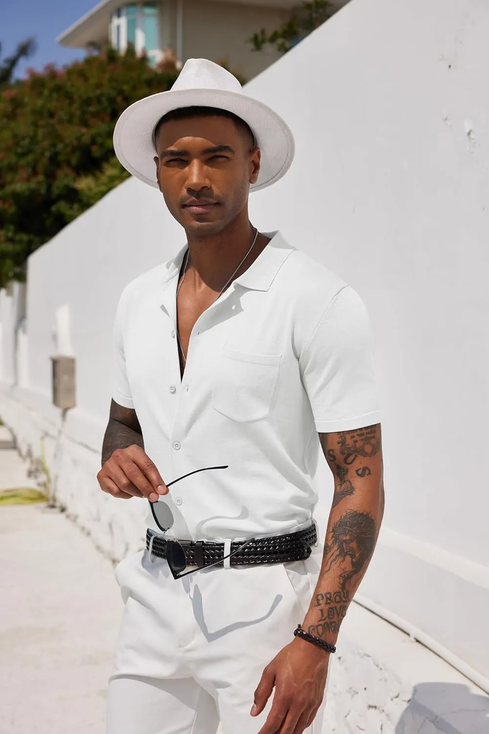 COOFANDY Mens Short Sleeve Knit Shirts Button Down Vintage Polo Casual Beach Shirts