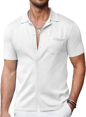 COOFANDY Mens Short Sleeve Knit Shirts Button Down Vintage Polo Casual Beach Shirts