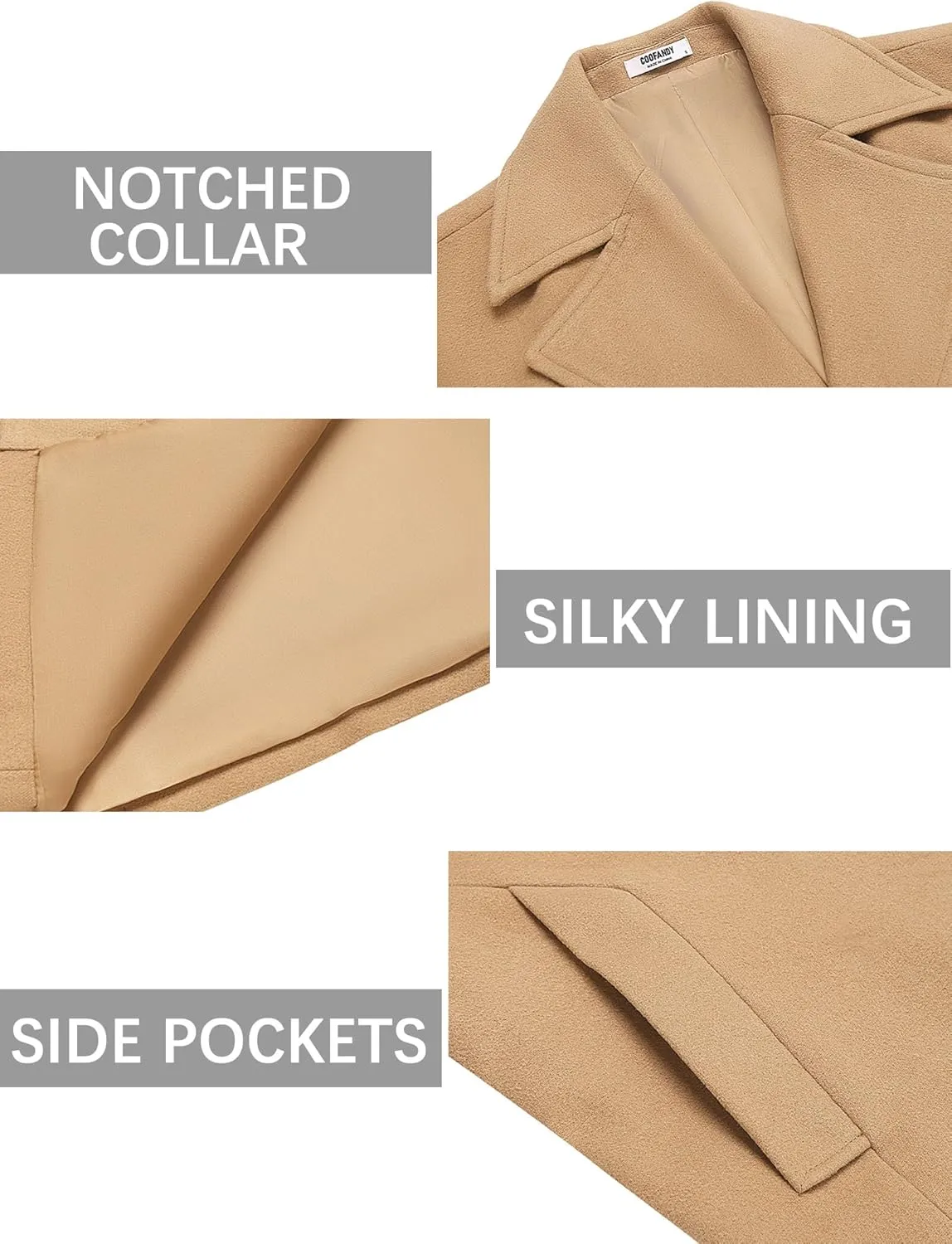 COOFANDY Mens Trench Coat Notched Collar Single Breasted Peacoat Winter Overcoat With Pockets