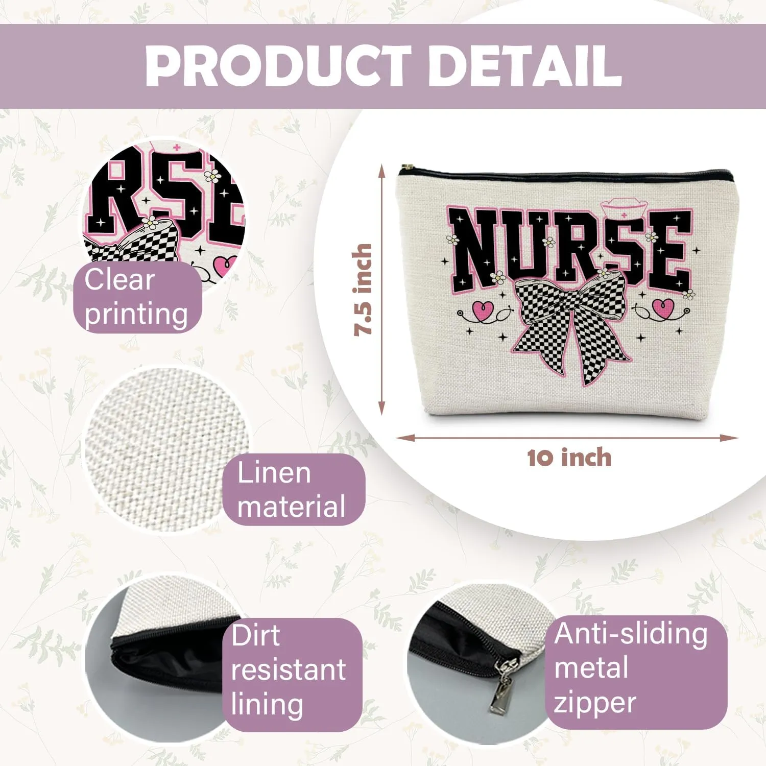 Coquette Black and White Plaid Bow Nurse Makeup Bag, Nurse Gifts for Women Cosmetic Bags, Nurse Week Gifts Makeup Pouch, Nurse Appreciation Gifts Zipper Pouch