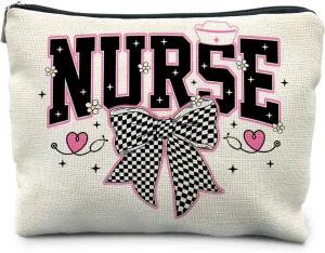 Coquette Black and White Plaid Bow Nurse Makeup Bag, Nurse Gifts for Women Cosmetic Bags, Nurse Week Gifts Makeup Pouch, Nurse Appreciation Gifts Zipper Pouch