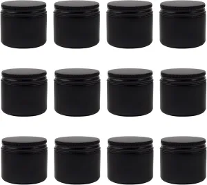 Cornucopia 2-Ounce Black Coated Glass Jars (12-Pack); Cosmetic Jars with Black Metal Lids and Black Matte Exterior