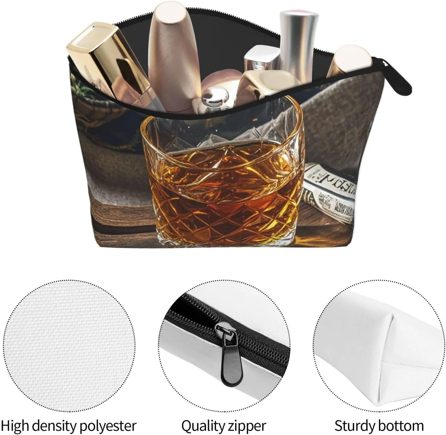 Cosmetic Bag Portable Makeup Bag Cigar & Whiskey Toiletry Bag Large Capacity Zipper Pouch Waterproof Toiletry Pouch Makeup Organizer Case for Women Men