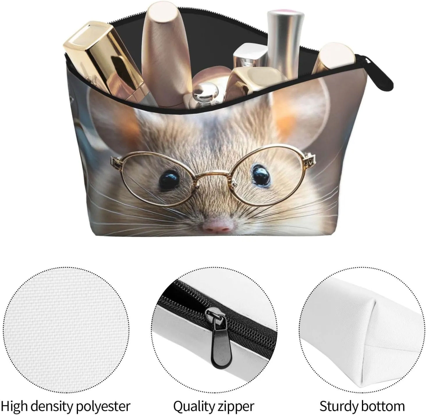 Cosmetic Bag Portable Makeup Bag Guinea Mouse With Glasses Toiletry Bag Large Capacity Zipper Pouch Waterproof Toiletry Pouch Makeup Organizer Case for Women Men