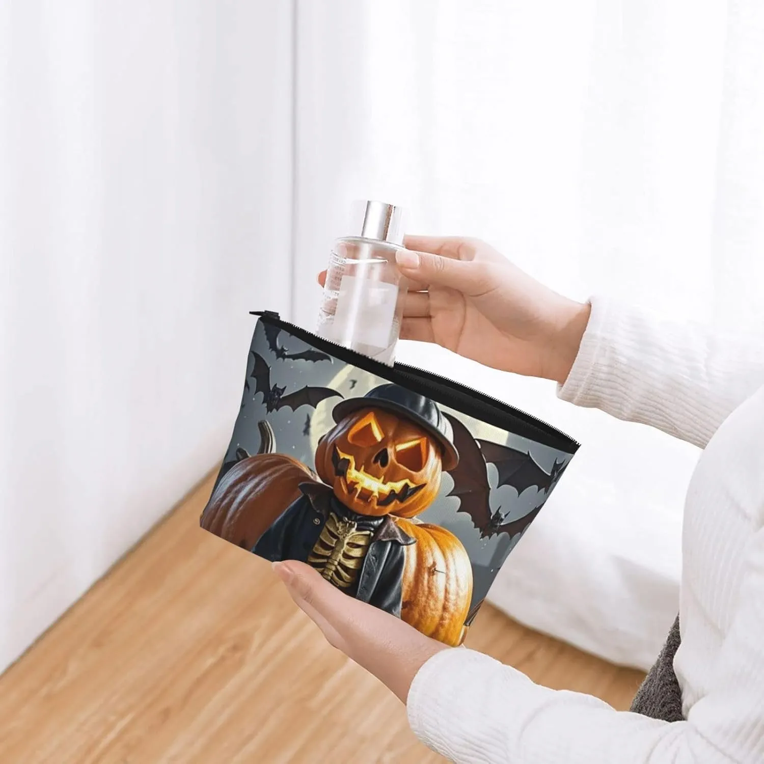 Cosmetic Bag Portable Makeup Bag Halloween funny pumpkin head puppet Toiletry Bag Large Capacity Zipper Pouch Waterproof Toiletry Pouch Makeup Organizer Case for Women Men