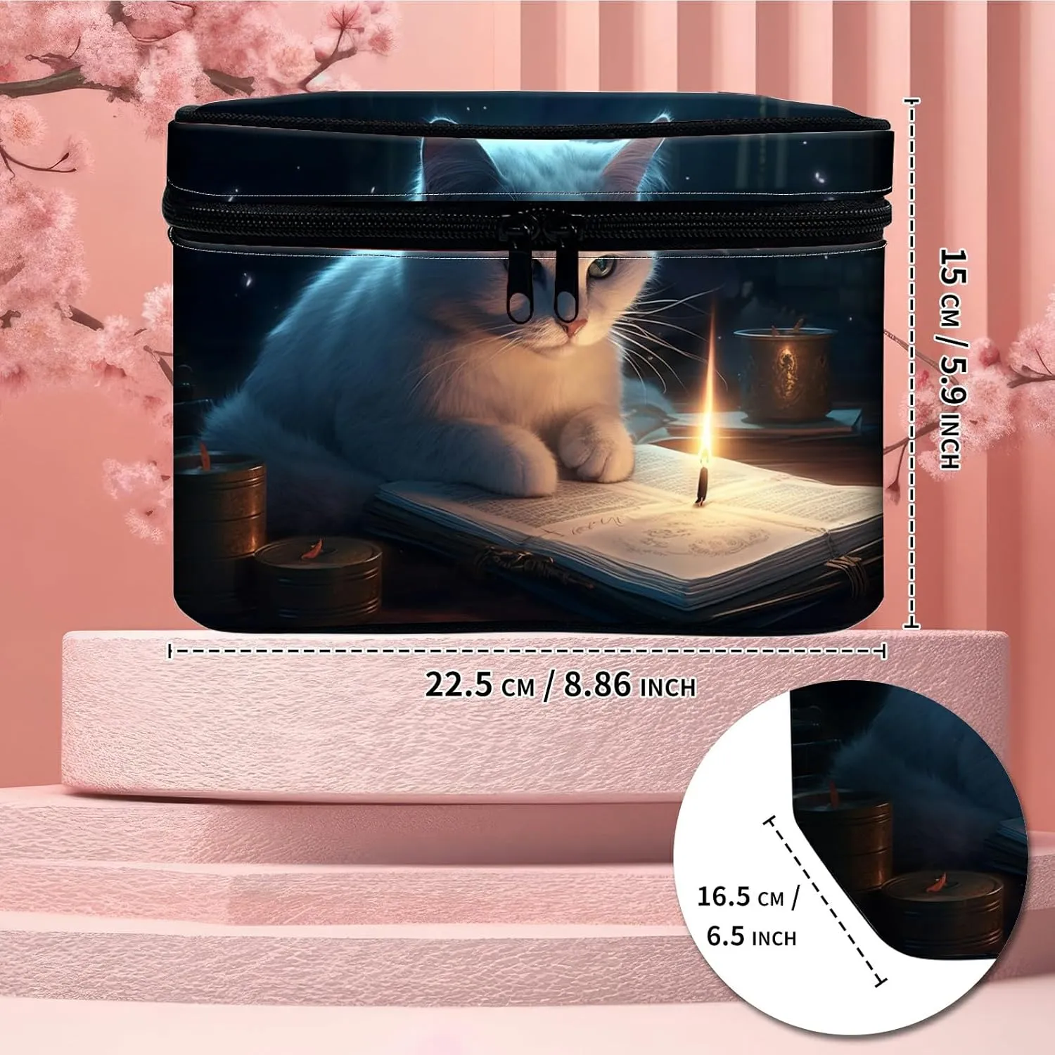 Cosmetic Bags for Women with Dividers, Cute Makeup Bags Travel Bag with Handle Designs, Large Capacity Wash Bag Portable Cosmetic Organizer Storage Case for Ladies Accessories, Candle Cat