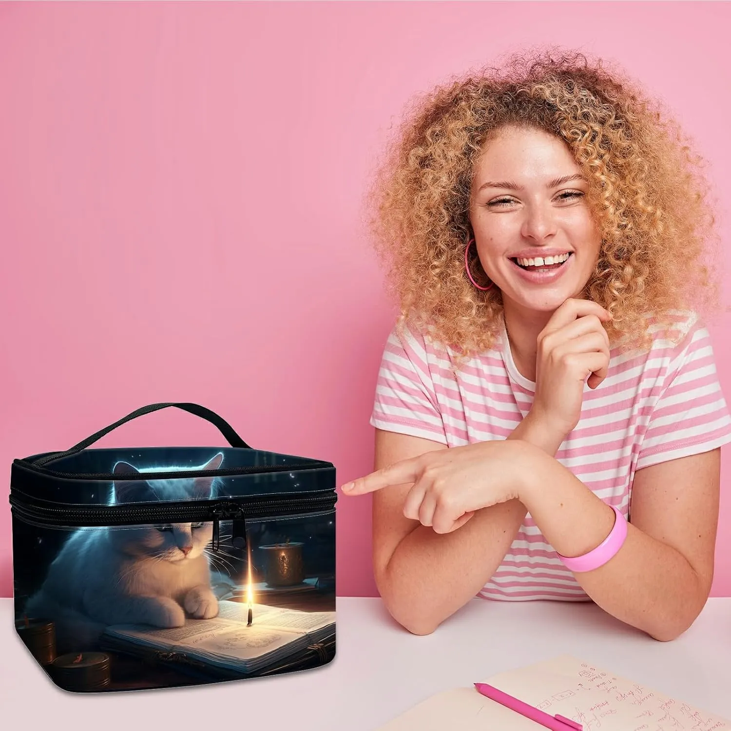 Cosmetic Bags for Women with Dividers, Cute Makeup Bags Travel Bag with Handle Designs, Large Capacity Wash Bag Portable Cosmetic Organizer Storage Case for Ladies Accessories, Candle Cat