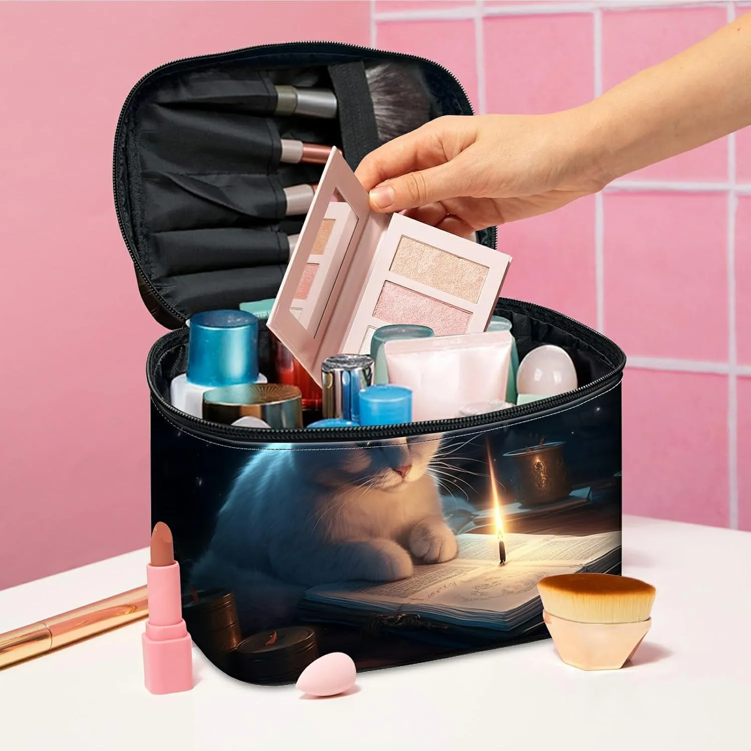Cosmetic Bags for Women with Dividers, Cute Makeup Bags Travel Bag with Handle Designs, Large Capacity Wash Bag Portable Cosmetic Organizer Storage Case for Ladies Accessories, Candle Cat