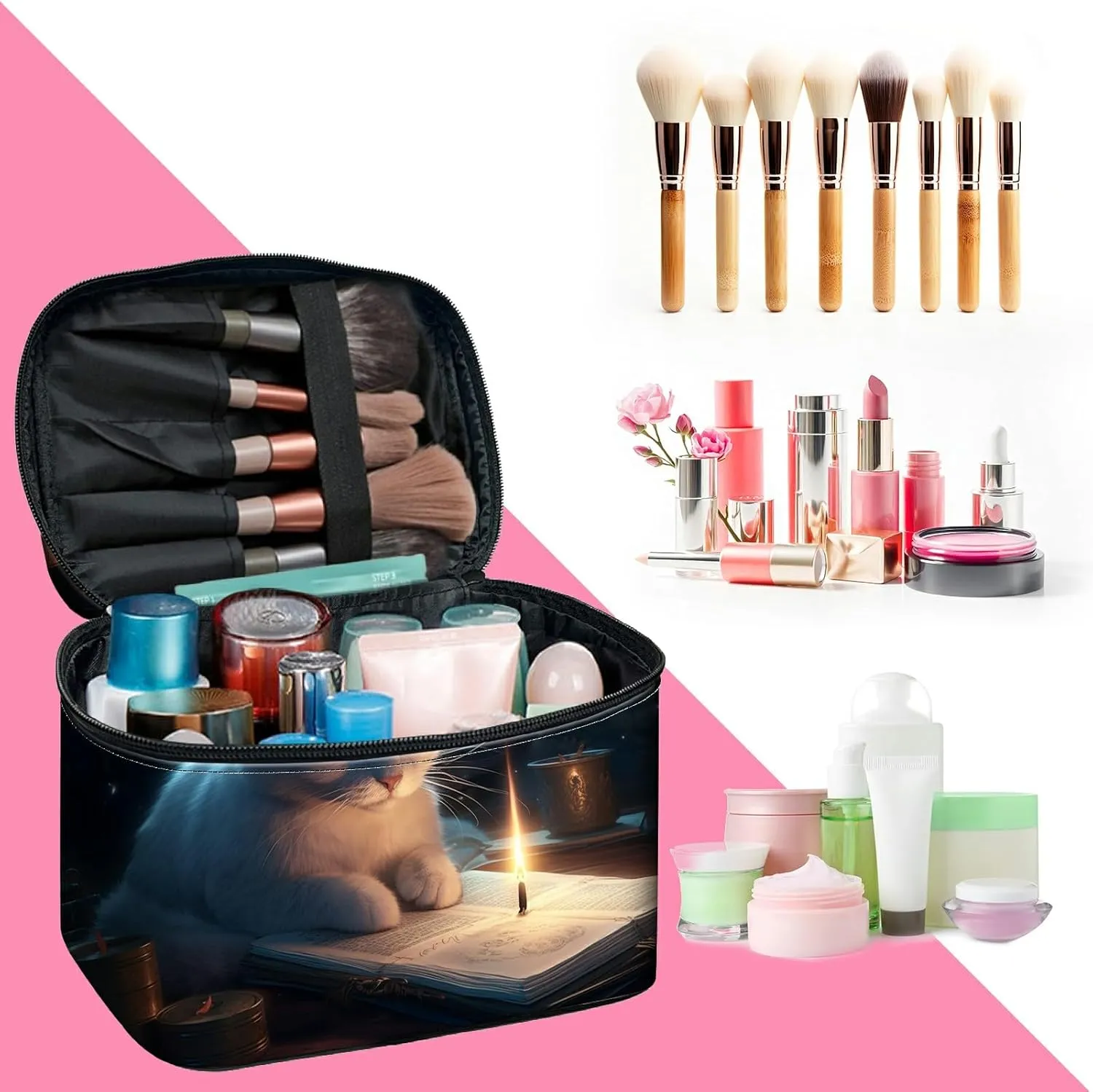 Cosmetic Bags for Women with Dividers, Cute Makeup Bags Travel Bag with Handle Designs, Large Capacity Wash Bag Portable Cosmetic Organizer Storage Case for Ladies Accessories, Candle Cat