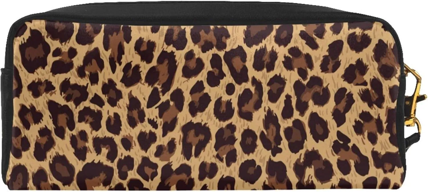 Cosmetic Pouch Travel Clutch Makeup Bag Pencil Case Purse with Wristlet Hanging Strap, PU Leather Cosmetic Bag Case Compatible with Cool Cheetah Leopard Print
