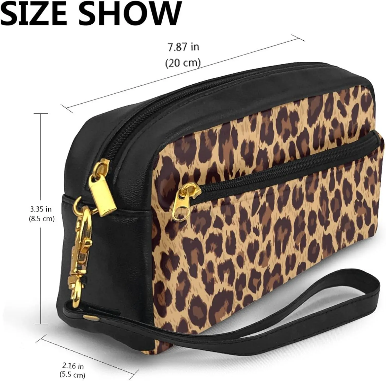 Cosmetic Pouch Travel Clutch Makeup Bag Pencil Case Purse with Wristlet Hanging Strap, PU Leather Cosmetic Bag Case Compatible with Cool Cheetah Leopard Print