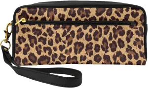 Cosmetic Pouch Travel Clutch Makeup Bag Pencil Case Purse with Wristlet Hanging Strap, PU Leather Cosmetic Bag Case Compatible with Cool Cheetah Leopard Print
