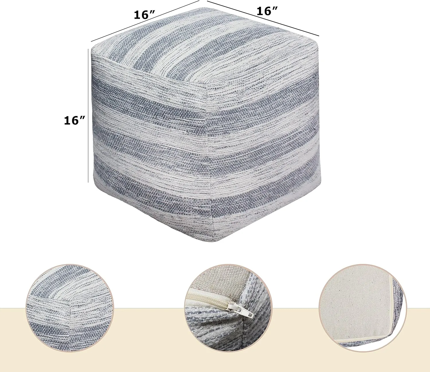 COTTON CRAFT Handwoven Stripe Dhurrie Pouf - Ottoman Foot Stool Bean Bag - Dorm Bedroom Home Décor Accent Seating - Boho Modern Comfortable Prefilled Cotton Pouf Footrest - 16 inch Square - Blue