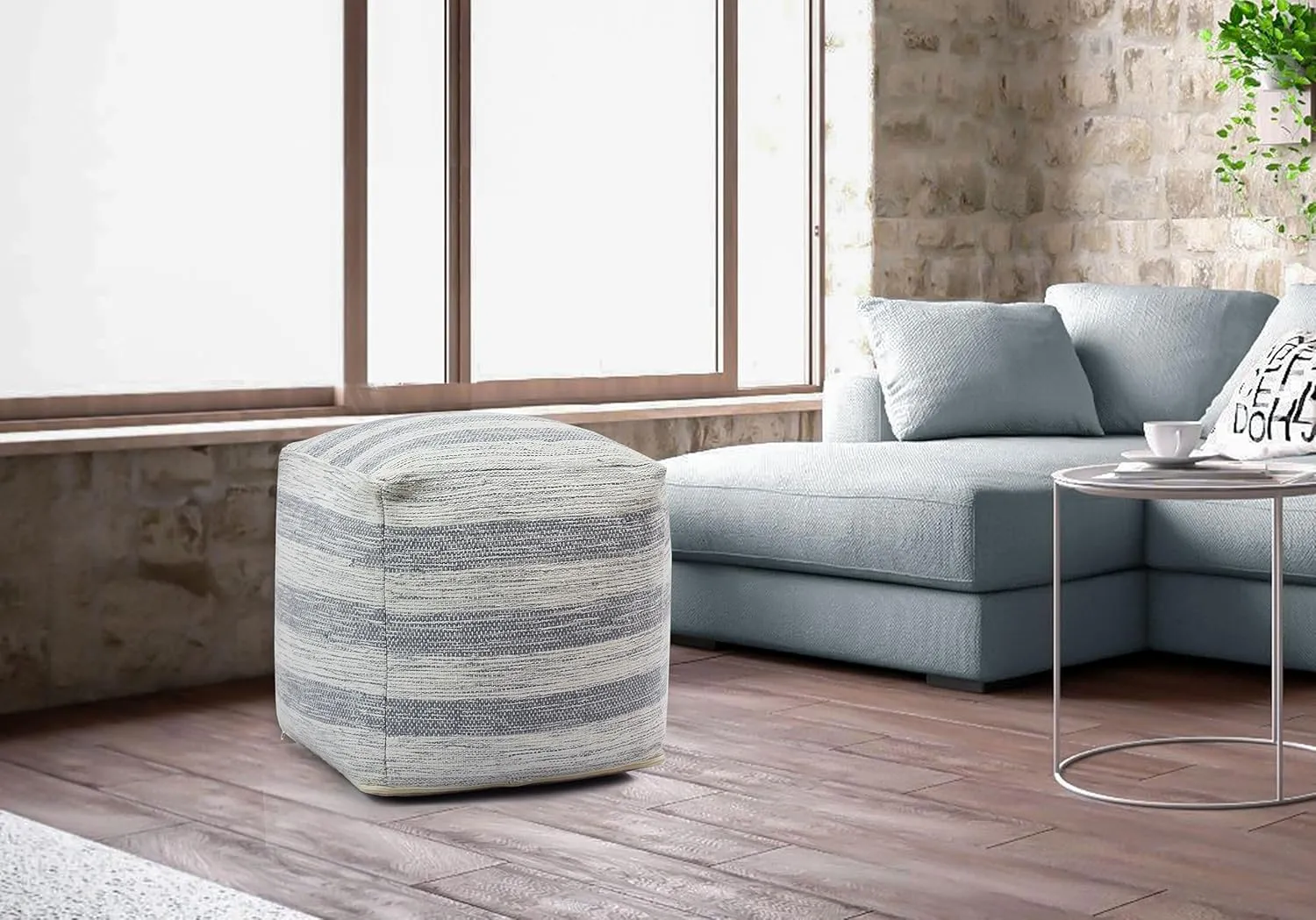 COTTON CRAFT Handwoven Stripe Dhurrie Pouf - Ottoman Foot Stool Bean Bag - Dorm Bedroom Home Décor Accent Seating - Boho Modern Comfortable Prefilled Cotton Pouf Footrest - 16 inch Square - Blue
